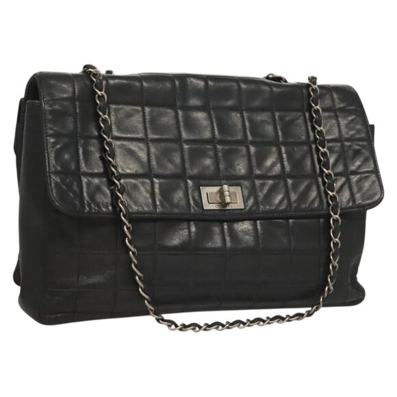 CHANEL Chain Choco Bar line Shoulder Bag Lamb Skin Black Gold CC Auth - Picture 1 of 15